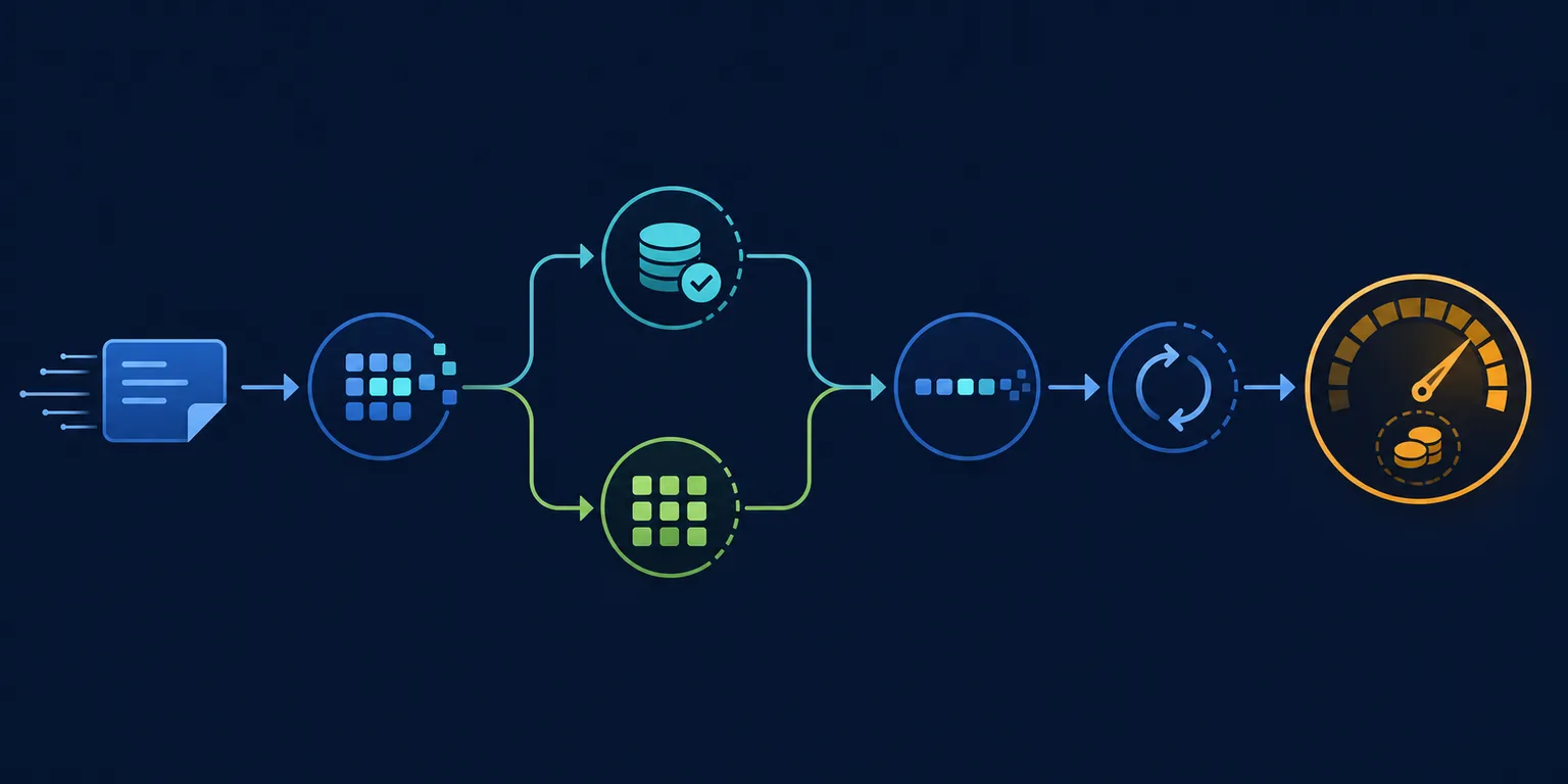 Editorial flow diagram showing input tokens, cache and batch paths, output tokens, retries, and a monthly AI cost gauge