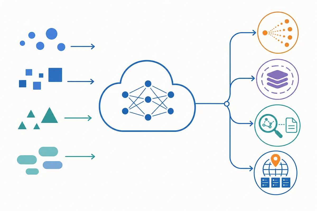 Editorial diagram showing Vertex AI input context flowing through cloud model inference into output, caching, retrieval, and regional capacity cost drivers